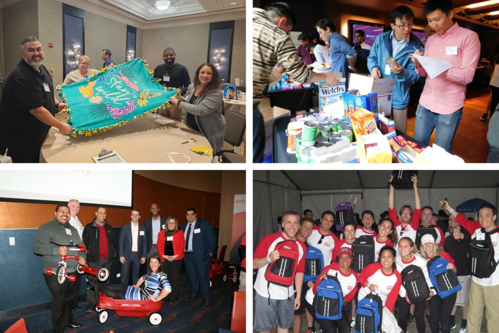 A montage of charitable activities including no-sew blankets, military care packages, trikes and wagons and backpacks for a cause